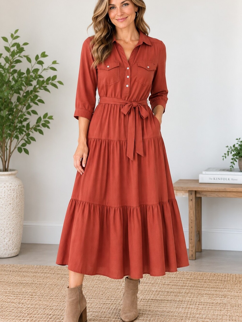 Nurture Westbound Tiered Midi Dress Women's M Boho Cottagecore Terracotta